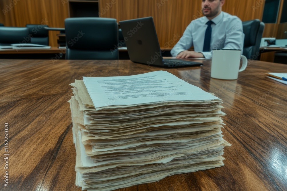 A professional HR manager reviewing a stack of resumes at a clean desk with a laptop and a coffee mug nearby A professional HR manager reviewing a stack of resumes at a clean desk with a laptop and a coffee mug nearby