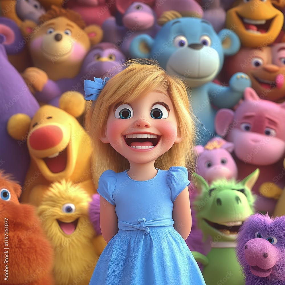 Happy Girl Surrounded by Colorful Plush Toys at a Cheerful Gathering in a Vibrant and Imaginative Setting Filled With Joy and Laughter Happy Girl Surrounded by Colorful Plush Toys at a Cheerful Gathering in a Vibrant and Imaginative Setting Filled With Joy and Laughter