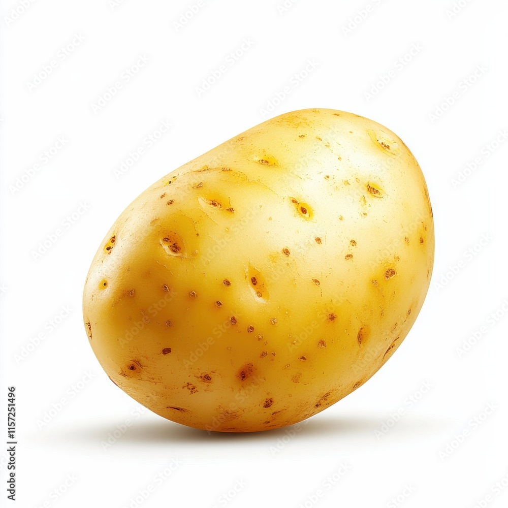 A single, unpeeled potato with a light brown skin, featuring small eyes and a smooth texture, presented against a plain white background. A single, unpeeled potato with a light brown skin, featuring small eyes and a smooth texture, presented against a plain white background.