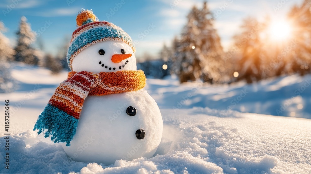 Obraz premium Cheerful Snowman Wearing a Colorful Hat and Scarf in a Winter Landscape With Snow-Covered Trees During Sunset