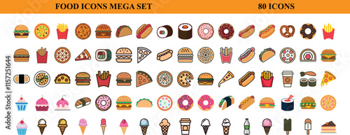 Colorful Food Icons Mega Set. 80 High-Quality Flat and Outline Style Icons of Burgers, Pizza, Sushi, Ice Cream, Snacks and More.