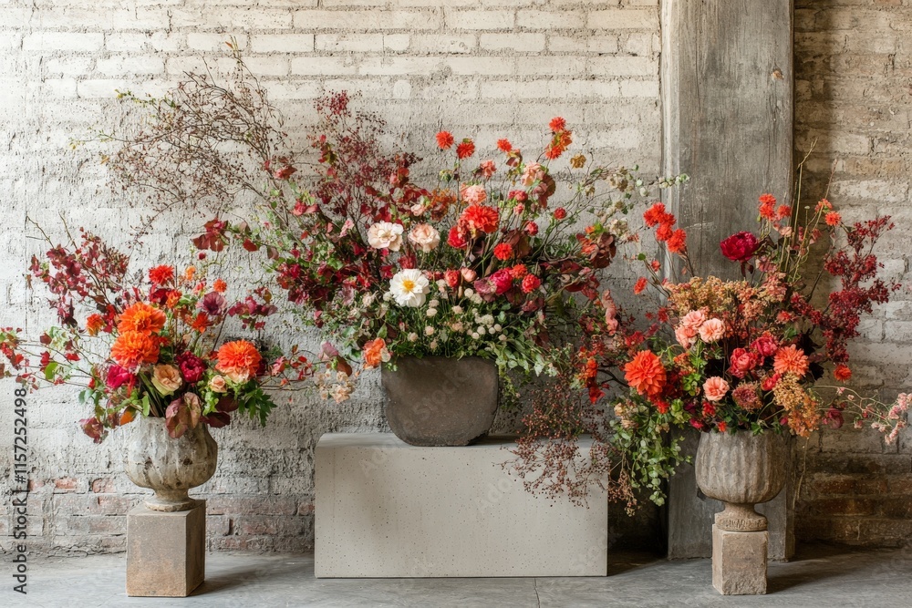 Fototapeta premium Three vibrant floral arrangements feature a mix of reds, oranges, and greens set against a rustic brick and wooden backdrop, creating a stunning visual contrast.