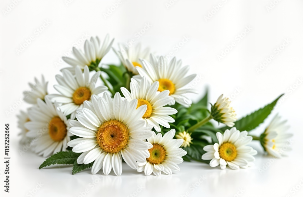 Fototapeta premium Beautiful bouquet of white daisies, chamomile flowers. Fresh blooms displayed against plain white background. Close-up view fine details of petals, centers. Perfect for floral design inspiration,
