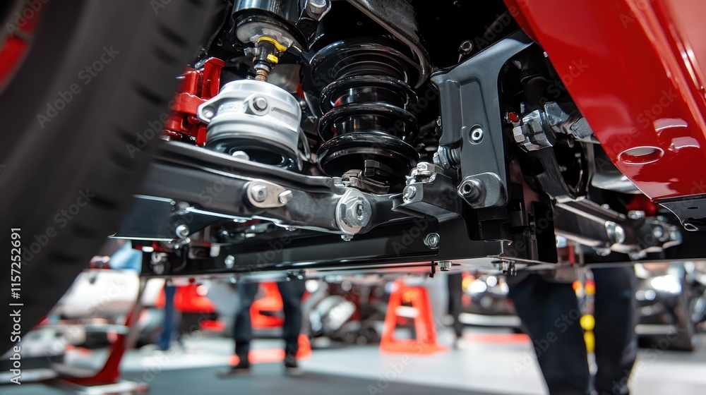 Extreme close-up of mechanic working on car s suspension system, undercarriage visible.