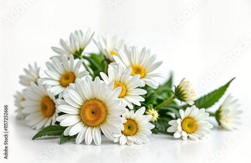 Beautiful bouquet of white daisies, chamomile flowers. Fresh blooms displayed against plain white background. Close-up view fine details of petals, centers. Perfect for floral design inspiration,