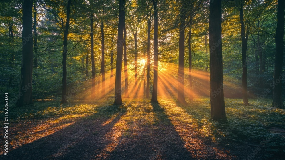 Fototapeta premium A forest with the sun casting long golden rays through the tall trees, background wallpaper AI generated image