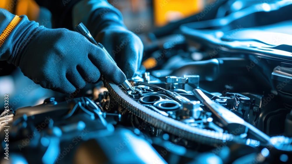 Close-up of a mechanic adjusting an engine timing belt with fine tools.