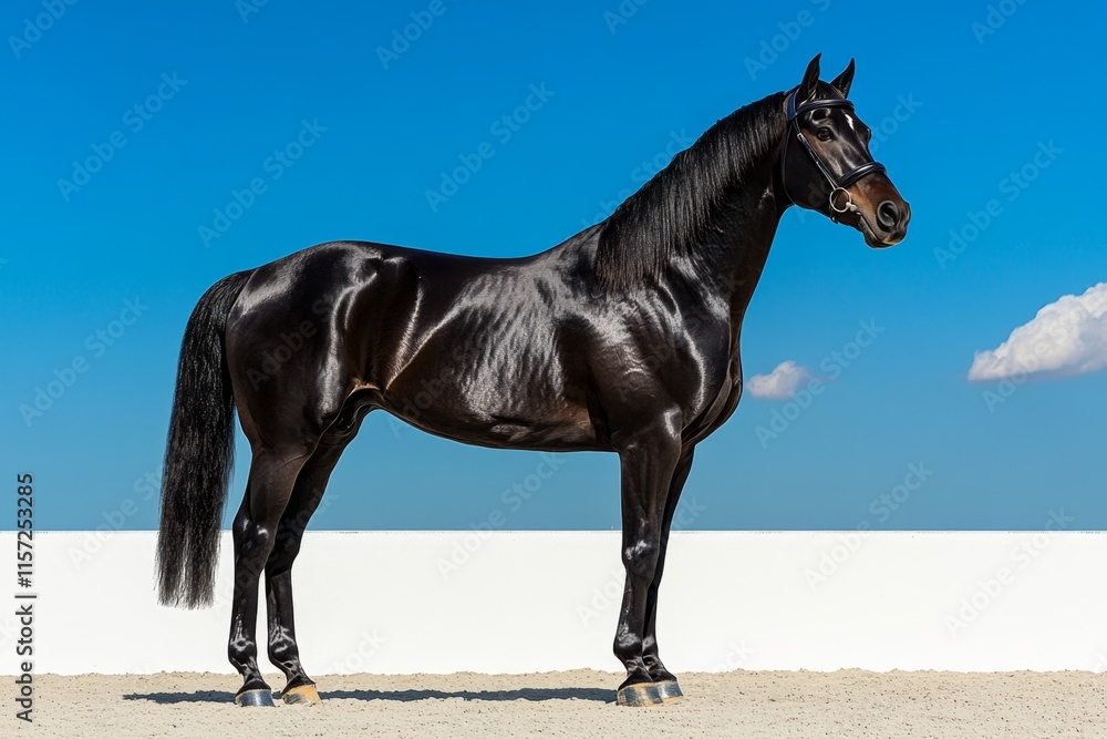 A sleek Arabian horse standing proudly in a sandy arena, with its elegant posture highlighted under a clear blue sky A sleek Arabian horse standing proudly in a sandy arena, with its elegant posture highlighted under a clear blue sky
