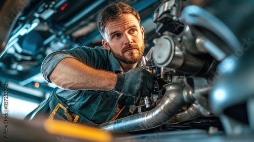 Close-up of a mechanic tightening an exhaust manifold bolt under the car.