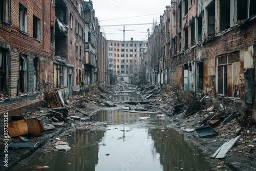 This image describes a canal filled with water, flanked by derelict and deteriorated buildings. The abandoned scene is littered with debris and void of life. photo