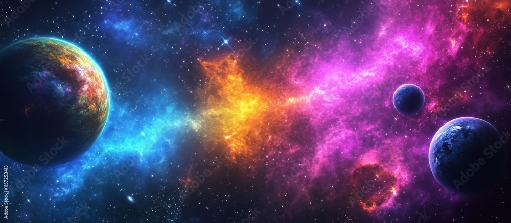 Digital illustration cosmic scene planets stars background Computer generated Digital illustration cosmic scene planets stars background Computer generated