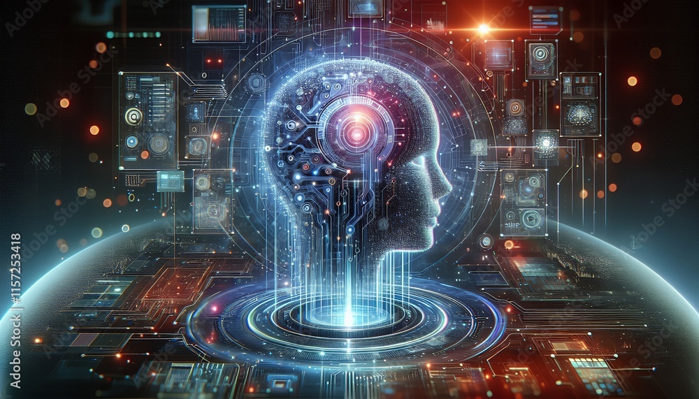 A futuristic digital representation of a human head integrated with complex circuitry and data interfaces, symbolizing artificial intelligence and advanced technology. The glowing elements and intrica A futuristic digital representation of a human head integrated with complex circuitry and data interfaces, symbolizing artificial intelligence and advanced technology. The glowing elements and intrica