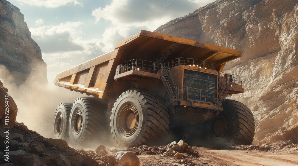 Giant mining trucks with big tires drive along steep dirt roads, background wallpaper AI generated image Giant mining trucks with big tires drive along steep dirt roads, background wallpaper AI generated image