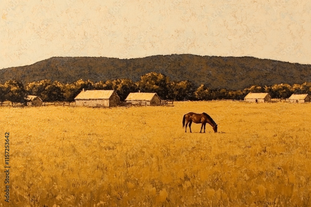 Obraz premium A soft watercolor painting of a horse grazing in a field under a golden sunset, with loose brushstrokes creating a dreamy atmosphere