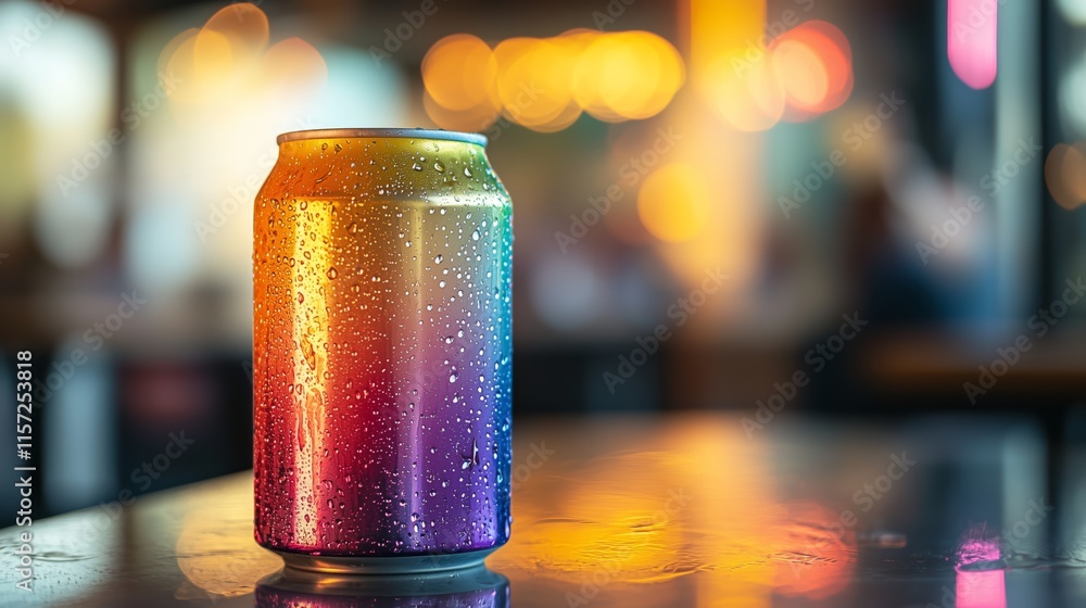 Vibrant Rainbow Can with Water Drops on Reflective Surface Vibrant Rainbow Can with Water Drops on Reflective Surface