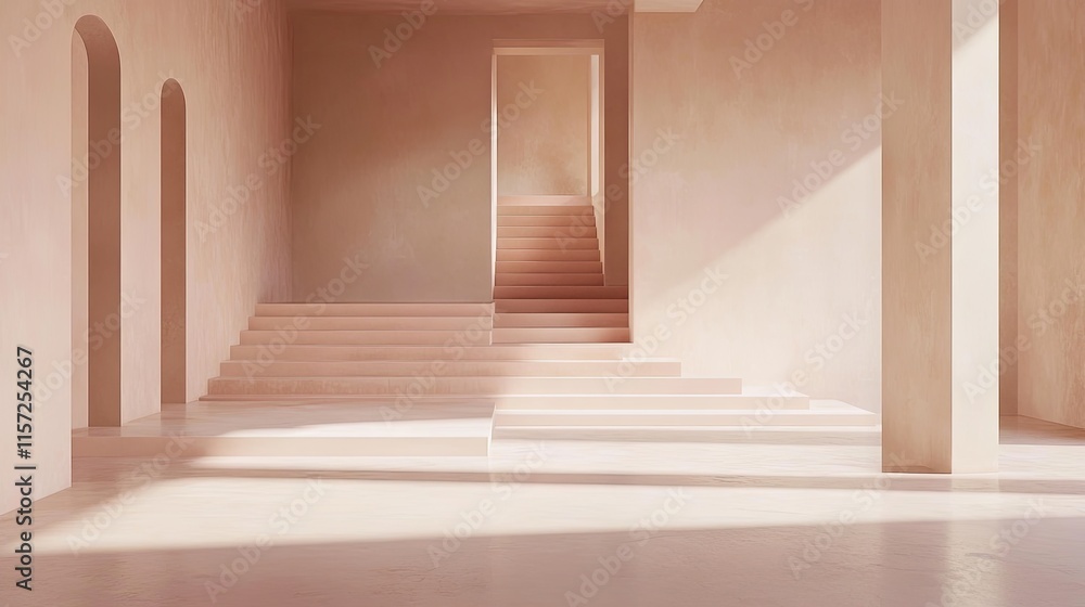 Fototapeta premium Soft pink minimalist runway with clean architectural lines, neutral tones, and a tranquil setting for text overlays.