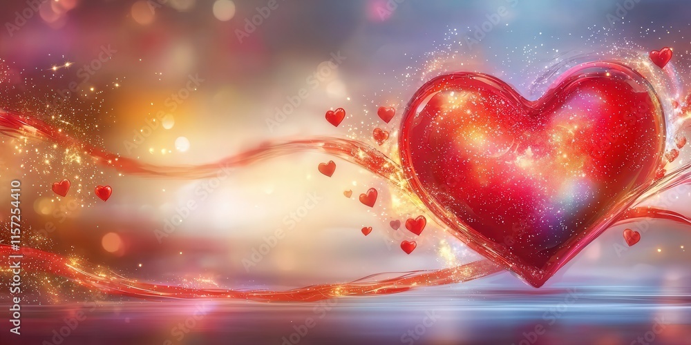 Valentine, Love. Vibrant heart with sparkles and swirling hearts on a colorful background. Valentine, Love. Vibrant heart with sparkles and swirling hearts on a colorful background.