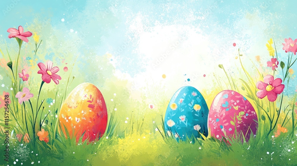 Fototapeta premium Spring celebration postcard: Painted eggs with floral accents on a bright and simple layout.