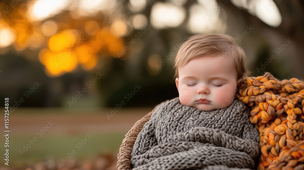 Fototapeta premium Peaceful baby sleeping in textured blanket with warm autumn sunset in the background