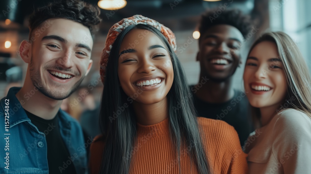 Happy, multiethnic business team of smiling young people standing together in an office.This image has ample copy space. Happy, multiethnic business team of smiling young people standing together in an office.This image has ample copy space.