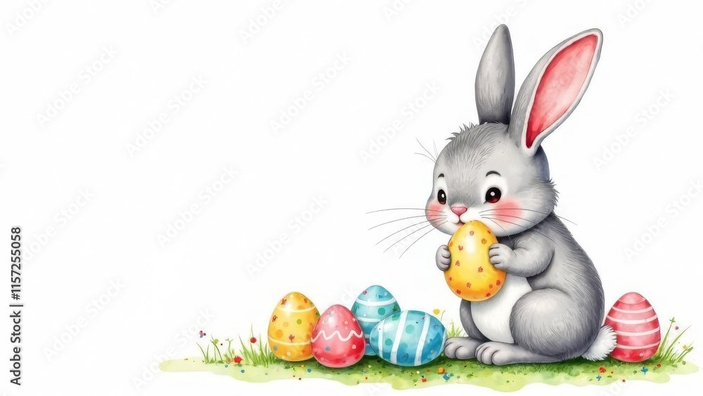 Cute bunny holds an Easter egg in his paws, there are many eggs around, white background. Place for text, congratulations. Happy Easter day concept and idea Cute bunny holds an Easter egg in his paws, there are many eggs around, white background. Place for text, congratulations. Happy Easter day concept and idea