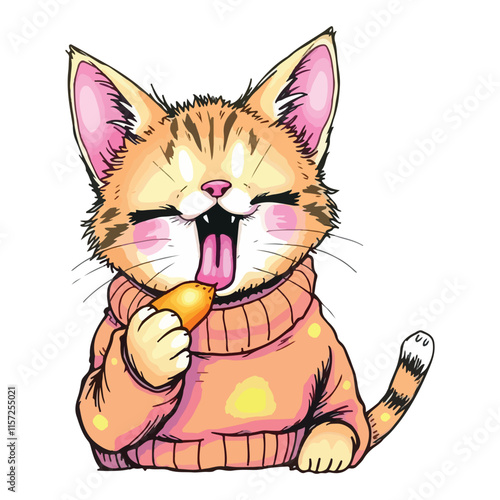 Cute funny cat in sweater, licking food from muzzle with tongue. Comic adorable kawaii feline pet, humor kitty sitting in clothing, eating. Flat vector illustration isolated on white