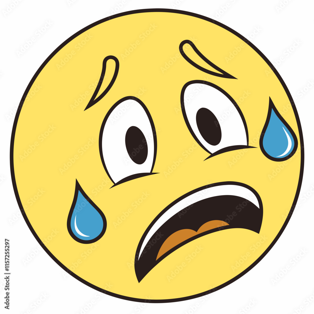 Fototapeta premium A crying yellow emoticon icon, symbolizing sadness or emotional distress, designed as a vector graphic for digital use.