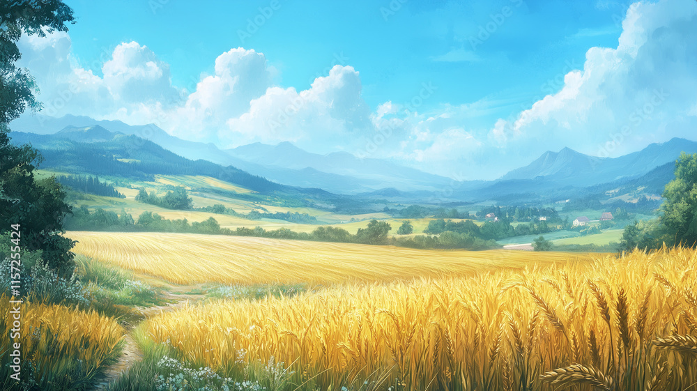 Obraz premium A wide view of a peaceful countryside with rolling hills and lush wheat fields, the golden stalks swaying under a clear blue sky. Ai generated