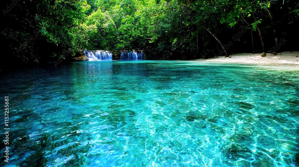 Serene Tropical Paradise with Clear Water and Lush Greenery in a Hidden Oasis Setting Serene Tropical Paradise with Clear Water and Lush Greenery in a Hidden Oasis Setting