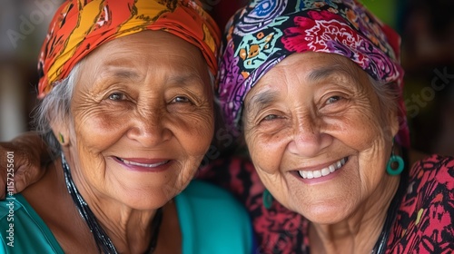 Headshot, soft lighting, high quality photo of 2 or 3 ethnic minorities, 80+ years old, smiling, wearing different colored bandanas on their heads. photo