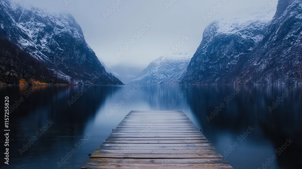 Serene Dock on Reflective Water Surrounded by Snow-Capped Mountains in a Misty Landscape Serene Dock on Reflective Water Surrounded by Snow-Capped Mountains in a Misty Landscape