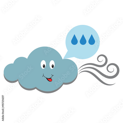 Cute cloud with wind symbol and a speech bubble with three raindrops