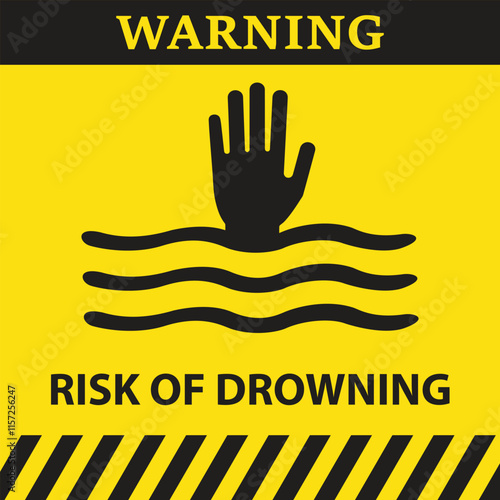 Warning symbol on yellow background with a human hand, waves and the text risk of drowning