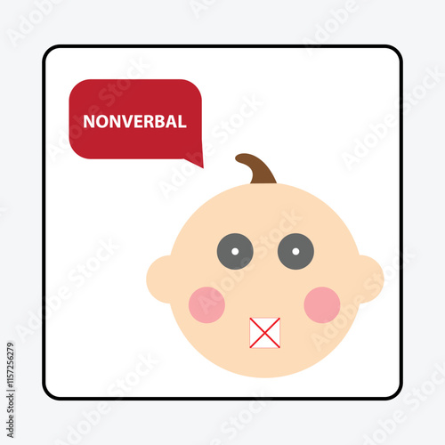 Child with a red x symbol on his mouth and a speech bubble with the message nonverbal