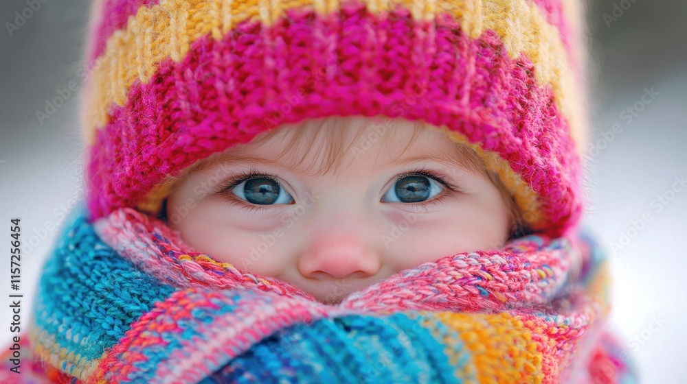 Cute smiling baby with bright blue eyes wearing colorful knitted hat and scarf in winter setting Cute smiling baby with bright blue eyes wearing colorful knitted hat and scarf in winter setting