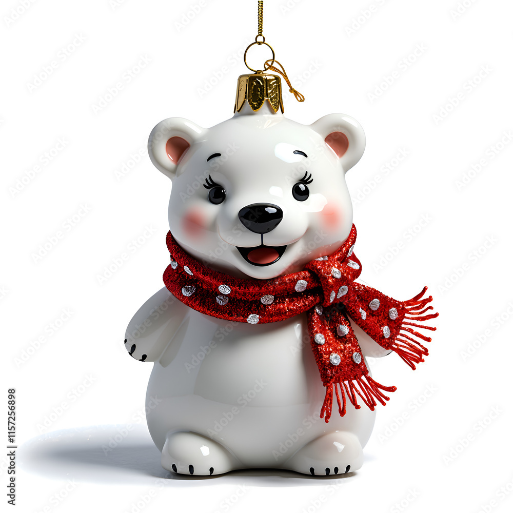 Naklejka premium Adorable polar bear ornament with red scarf for holiday decorations and festive cheer, 3d rendering of character design concept.