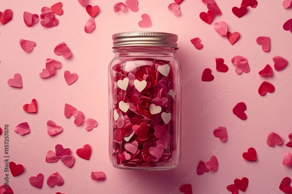 Decorative Glass Jar Filled With Red and White Heart-Shaped Confetti on a Pink Background for Festive Occasions and Celebrations Decorative Glass Jar Filled With Red and White Heart-Shaped Confetti on a Pink Background for Festive Occasions and Celebrations