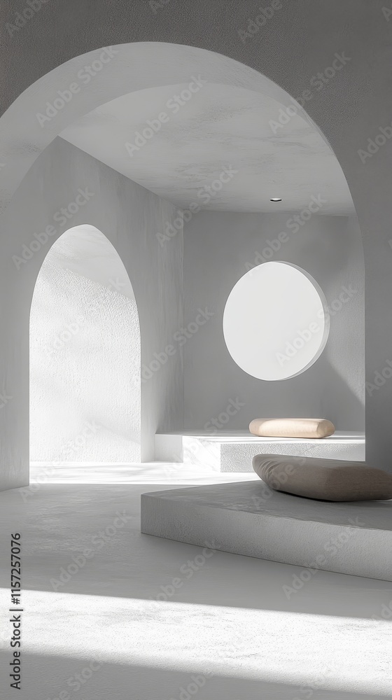 Modern Minimalist Interior Design Featuring Curved Arches and Circular Window in a Serene, Light-Filled Space Modern Minimalist Interior Design Featuring Curved Arches and Circular Window in a Serene, Light-Filled Space