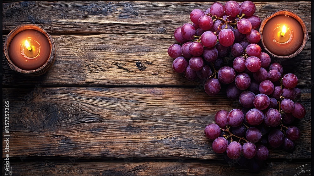 A rustic wooden table with a cluster of grapes and two lit candles, creating a cozy ambiance.