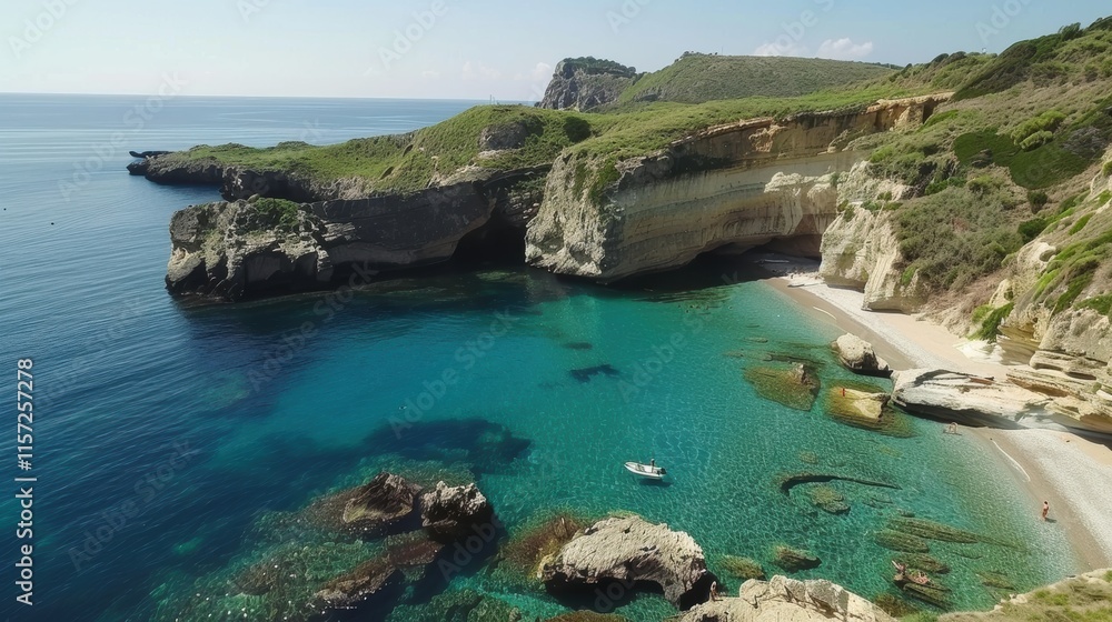 Hidden beach with golden sand, crystal-clear waters, and rocky cliffs. Hidden beach with golden sand, crystal-clear waters, and rocky cliffs.