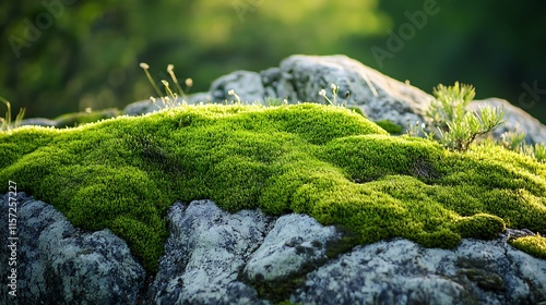 Moss-Covered Rocks: Photograph a rocky outcropping covered in a lush carpet of moss, creating a vibrant green texture against the stone photo