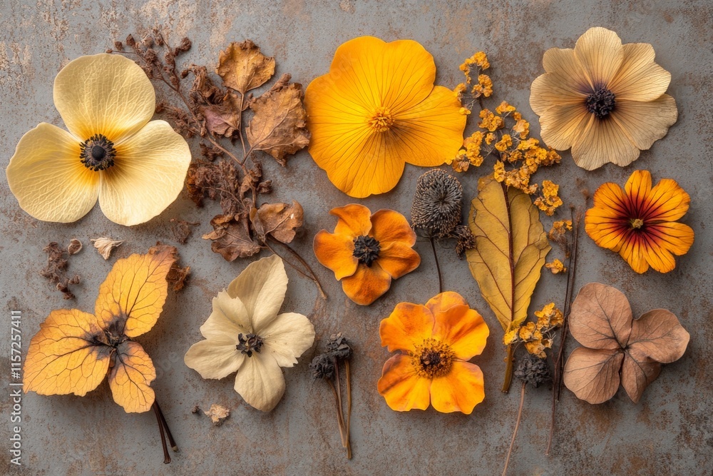 Fototapeta premium An arrangement of dried flowers in various warm hues presented on a rustic background, capturing the essence of autumn with its earthy and nostalgic charm.