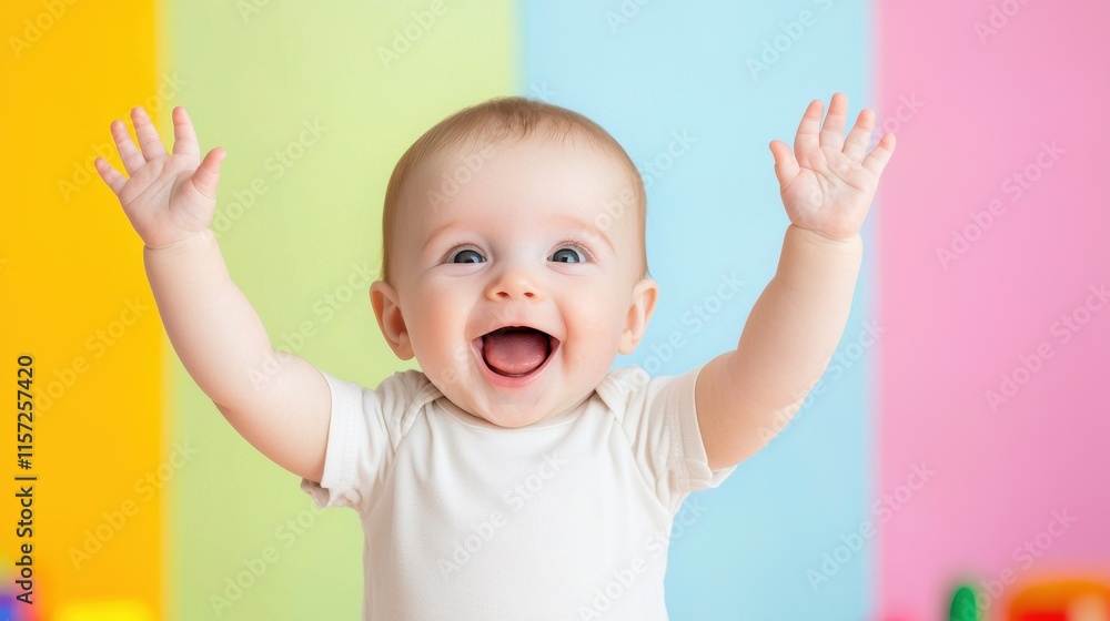 Happy Baby with Arms Raised Against Colorful Background in Playful Setting Happy Baby with Arms Raised Against Colorful Background in Playful Setting