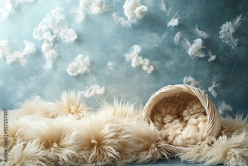Newborn photos with empty fluffy round Moses' bed