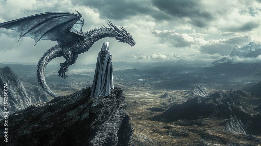 Fototapeta premium A veiled Asian female knight stands on a mountain peak accompanied by her Dragon, background wallpaper AI generated image