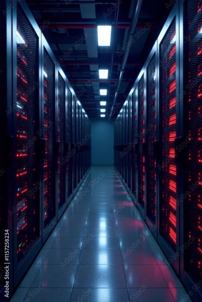 Dark server room with computer equipment humming in the background, cybersecurity, machinery Dark server room with computer equipment humming in the background, cybersecurity, machinery