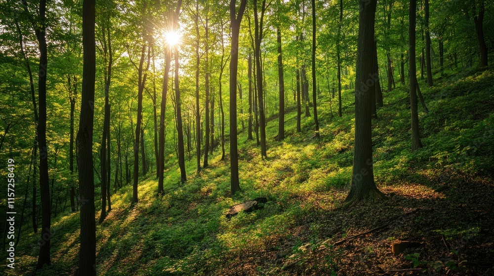 A hillside covered in dense green forest, with warm sunlight shining on the treetops. background wallpaper AI generated image A hillside covered in dense green forest, with warm sunlight shining on the treetops. background wallpaper AI generated image