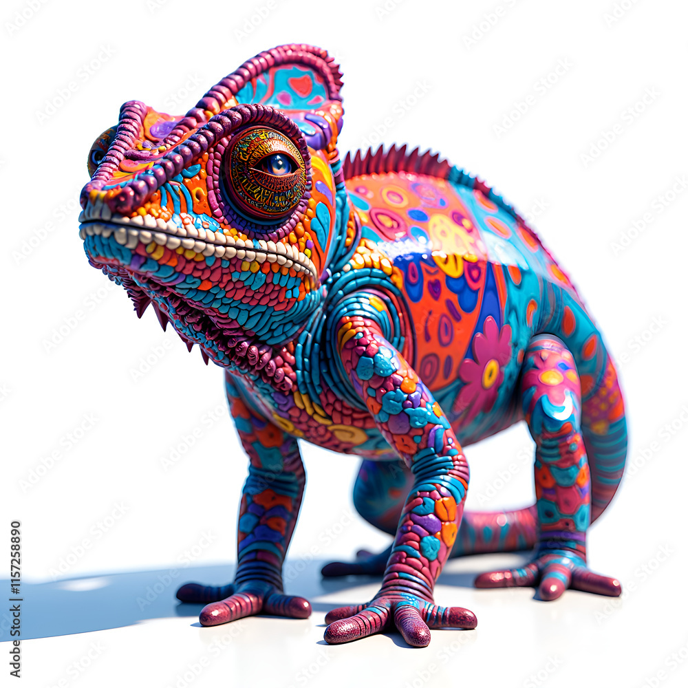 Obraz premium Colorful chameleon with intricate floral patterns against a bright background, digital art of animal portrait concept.