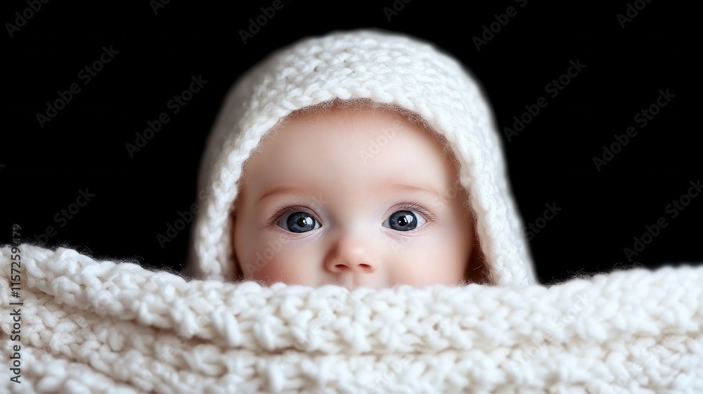 Curious baby peeking from beneath a cozy knitted blanket with gentle expression and bright eyes Curious baby peeking from beneath a cozy knitted blanket with gentle expression and bright eyes