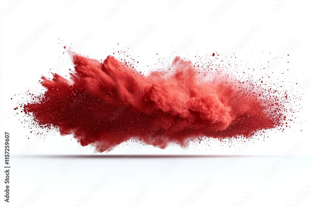 A burst of red powder on a white background, forming a vivid, multicolored cloud, symbolizing Holi festivities. A burst of red powder on a white background, forming a vivid, multicolored cloud, symbolizing Holi festivities.